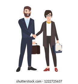 Man and woman or office workers shaking hands isolated on white background. Pair of business partners or colleagues greeting each other. Colorful vector illustration in modern flat cartoon style.