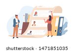 Man and woman office workers standing in front of list of job applicants. Concept of choice of worker or personnel, staff recruitment or employee hiring. Flat cartoon colorful vector illustration.