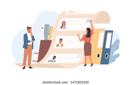 Man and woman office workers standing in front of list of job applicants. Concept of choice of worker or personnel, staff recruitment or employee hiring. Flat cartoon colorful vector illustration.