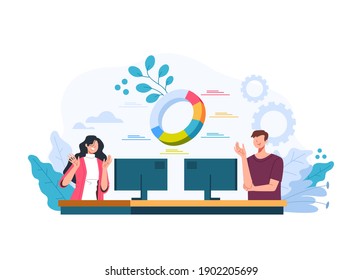 Man Woman Office Workers Team Working At Business Financial Analytic Statistic Concept. Vector Flat Graphic Design Illustration