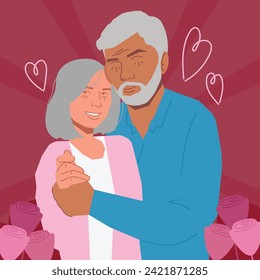 man woman old couple slow dancing valentines in flat illustration