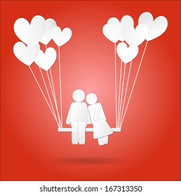 man and woman on balloons heart swing - paper cut design