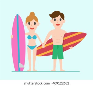 Man and woman on the beach. Summer. Sea. Vacation. Vector modern flat design summer beach and water sport activities cartoon characters young smiling surf man and woman couple holding their surfboards