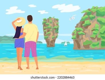 Mann und Frau am Strand in Thailand. Die berühmte Insel in der Nähe von Phuket in Thailand. Reisefoto der Insel mit schönem Sandstrand in der Bucht von Phang Nga, Thailand.