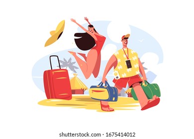 Man and woman on beach vector illustration. Happy female jumping for joy and smiling guy carrying luggage flat style design. Golden sand, palm trees and blue sky on background. Travelling concept