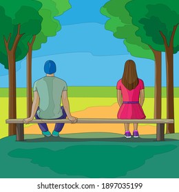 Man and woman on the bench, in distance