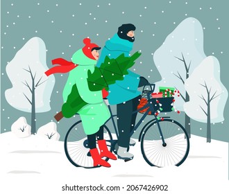 A man and a woman on a bicycle are carrying gifts and a Christmas tree for Christmas and New Year.Vector illustration.