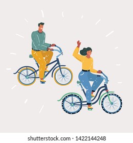 Man and woman on bike spending nice time together, talking, having rest during cycling on road bikes on white background.