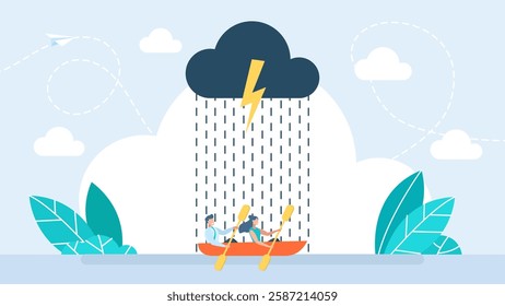 A man and a woman on a boat got caught in a storm. Man and woman are scared and dont know what to do. Dangerous situation in ocean. Crisis in relationships or family budget. Vector illustration