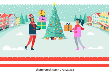 Man and woman on Christmas celebration, outdoors beside evergreen tree with presents and good mood, decoration and nature vector illustration