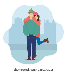 Man and woman on city background. Cute Loving couple. Vector isolated illustration in flat style