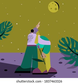 a man and a woman on a date are admiring under the moon