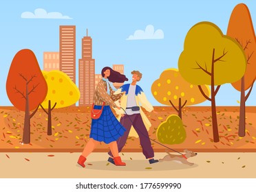 Man and woman on date in autumnal park of city. Cityscape with skyscrapers and nature of village or small town. People in love walking with pet. Friends strolling on path with dog on leash vector