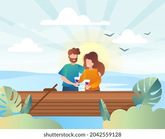Man and woman on date in boat. Couple in love spends time together. Husband and wife sailing in boat on river and drinking champagne. Cartoon flat vector illustration isolated on white background