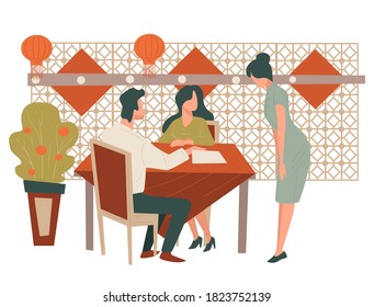 Man and woman on date eating asian dishes at chinese restaurant. Dating couple, boyfriend and girlfriend choosing meals from menu. Waitress asking for order, interior of cafe vector in flat style