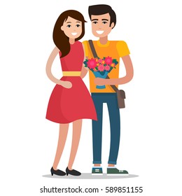 Man and woman on a date with flowers. Flat style vector illustration.