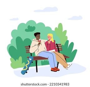 Man and woman on a date in the park, eating ice cream on the bench. Romantic dating, chat.  Girlfriend and boyfriend. Informal meeting. Flat vector illustration.