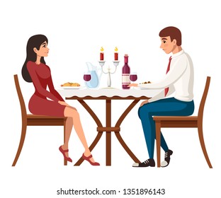 Man and woman on date in restaurant. Meeting love couple. Table with red wine bottle, candelabra and italian pasta. Cartoon character design. Flat vector illustration on white background.