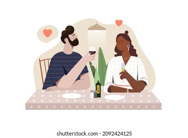 Man in woman on date. Romantic scenes from restaurant. Couple sits and drinks wine. Happy family, characters flirting with each other. Sympathy and attraction. Cartoon flat vector illustration