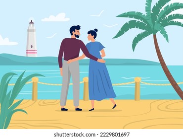 Man and woman on date at summer beach. Vector woman romantic relationship, girlfriend with male illustration, cartoon travel leisure near ocean