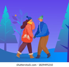 Man and woman on date in winter forest. People hold each other hands. Woman with footwear for skating. Landscape with fir trees, cold winter weather. Vector illustration of couple in flat style