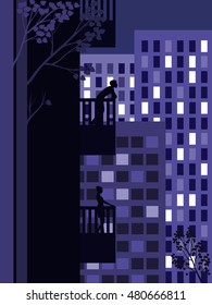 A man and a woman on different floors of a multistory building. Lights of the city at night.