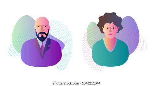 Man and woman on dynamic modern liquid element graphic gradient flat style design fluid vector colorful illustration simple abstract shapes. Couple husband wife vector isolated white background