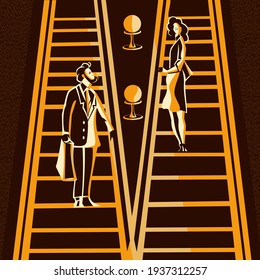 A man and woman on escalator. Vector illustration.