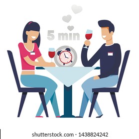 Man and Woman on Fast Date in 5 Minutes Cartoon. Guy and Lady Sitting at Table in Cafe and Drinking Wine. Male and Female Characters Meeting in Restaurant. Dating Agency. Vector Flat Illustration