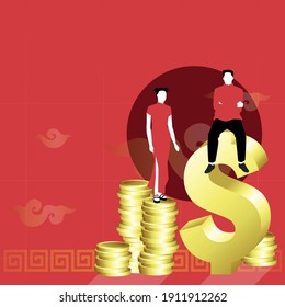 Man and woman on golden coins stack in Chinese new year style. Business and finance with businessman, golden coin on red background. Empty space for your text. simple flat vector illustration.