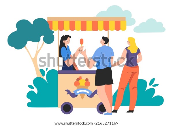 Man and woman on holiday or weekends buying ice
cream in park. Couple having fun enjoying tasty food outdoors.
Friends on stroll or walk in forest buying from stall kiosk. Vector
in flat style