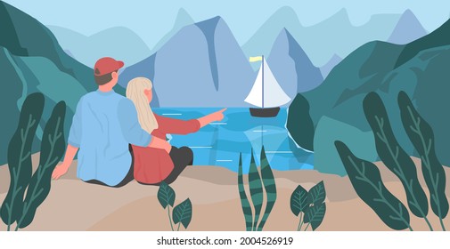 Man and woman on holidays vector illustration. Happy summer vacation.