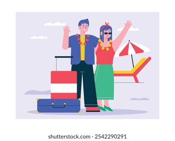 Hombre y mujer en luna de miel en la playa con ropa de verano y collar de flores, nueva pareja de matrimonio. Diseño de personajes. Ilustración plana de Vector