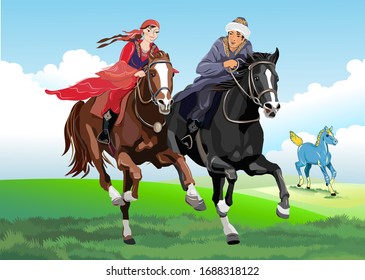 A man and a woman on horseback galloping in a romantic field prairie grass with a foal. Traditional game vector design.