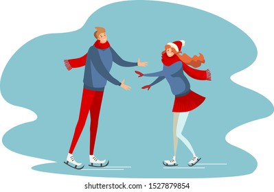 Man and woman on ice skating rink learning to skate and having fun