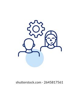 Man and woman on interview or conversation and cogwheel. Collaborative settings, communication management, interview configuration, dialogue optimization, user interaction control. Pixel perfect, edit