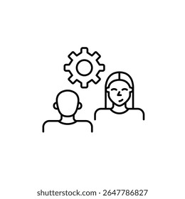 Man and woman on interview or conversation and cogwheel. Collaborative settings, communication management, interview configuration, dialogue optimization, user interaction control. Pixel perfect, edit