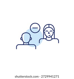 Man and woman on interview or date and minus symbol. Meeting cancelled, end of discussion. Pixel perfect, editable stroke vector icon