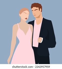 A man and a woman on an isolated background in evening festive stylish outfits. A couple in love on Valentine's Day. The holiday of all lovers. Stylish lady in a pink dress and a man in a jacket.