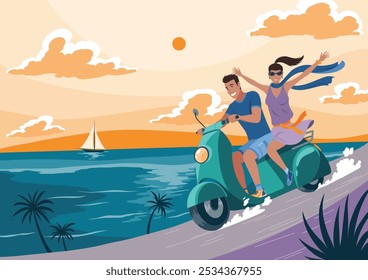 Homem e mulher na moto. Casal plano montando perto do mar de verão. Viajando de moto juntos, férias. Conceito de viagem, ilustração de desenho animado vetorial