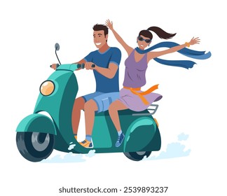 Man and woman on motorbike. Flat couple riding. Traveling by motorcycle together, vacation. Trip concept, vector cartoon illustration