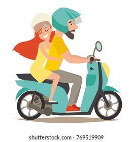 Man and woman on motorcycle vector illustration.
People drive motorbike. Retro scooter cartoon flat design, isolated on white background