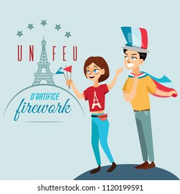 Man and woman on national holiday france, people with flags in hand walking down street against background of eiffel tower on Bastille Day vector illustration