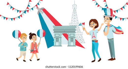 Man and woman on national holiday france, people with flags in hand walking down street against background of Triumphal arch on Bastille Day vector illustration