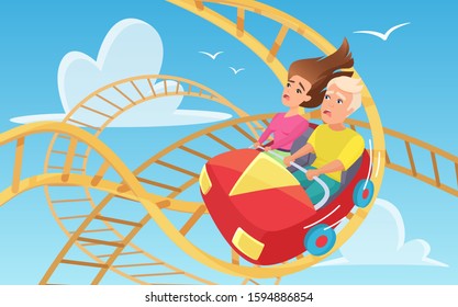 Man And Woman On Roller Coaster Flat Vector Illustration. Ccartoon Characters Taking Amusement Ride. Friends Spending Time Together. Scared Couple On Russian Mountains In Amusement Park