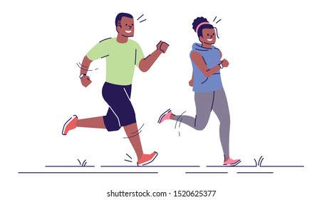 Man and woman on running training flat vector illustration. Sport activity. Jogging couple. Sprinting african american boy, girl isolated cartoon characters with outline elements on white background
