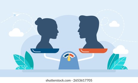 Homem e mulher em escala, conceito de advogado familiar. Problema de casal, sinal de direitos humanos. Igualdade de gênero nas empresas. Mulher e homem empregados em escalas equilibradas. Ilustração vetorial