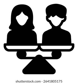 Man and woman on scales solid icon, family lawyer concept. Vector graphics. Married couple problem, human rights sign on white background, style mobile or design