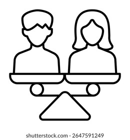 Homem e mulher em escalas ícone de linha fina, conceito de advogado de família. Gráficos vetoriais. Problema do casal casado, sinal de direitos humanos no fundo branco, móvel estilo ou design