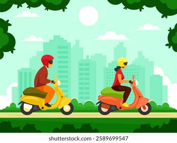 Man and woman on scooters. A man in a helmet rides a scooter. A woman in a helmet rides a scooter. City park against the backdrop of skyscrapers. Outdoor leisure. Town landscape. Vector graphics